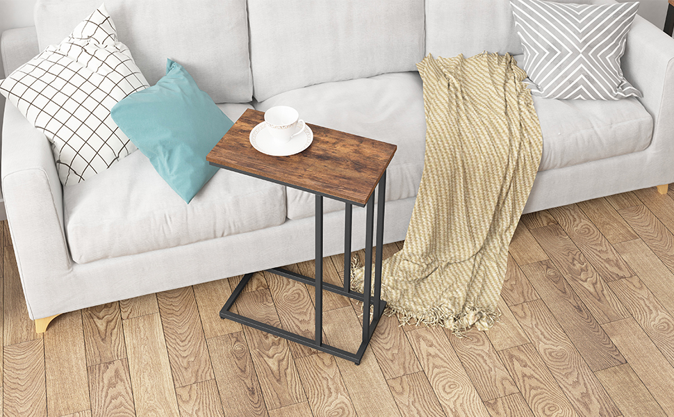 sivupöytä, välipalapöytä raskas sohvapöytä olohuoneeseen, makuuhuone, helppo kokoonpano, tilan säästäminen, puu näyttää korostuskalusteet metallikehyksellä, maalaismainen ruskea