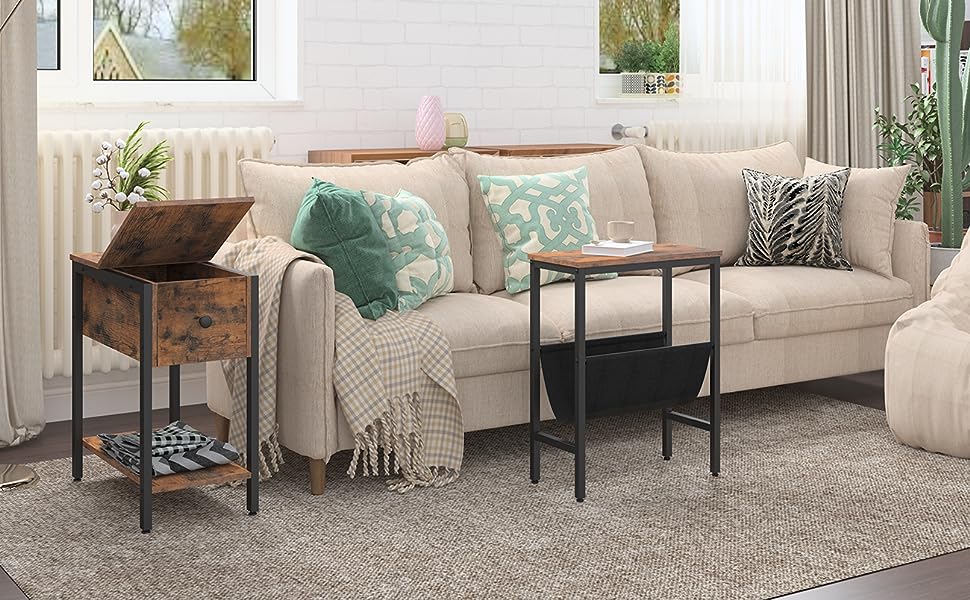 koncový stůl, Překlopná horní boční stůl s úložným policí, Úzký noční stolek pro malé prostory v obývacím pokoji, ložnice, průmyslový, stabilní a robustní konstrukce, Rustikální hnědá a černá