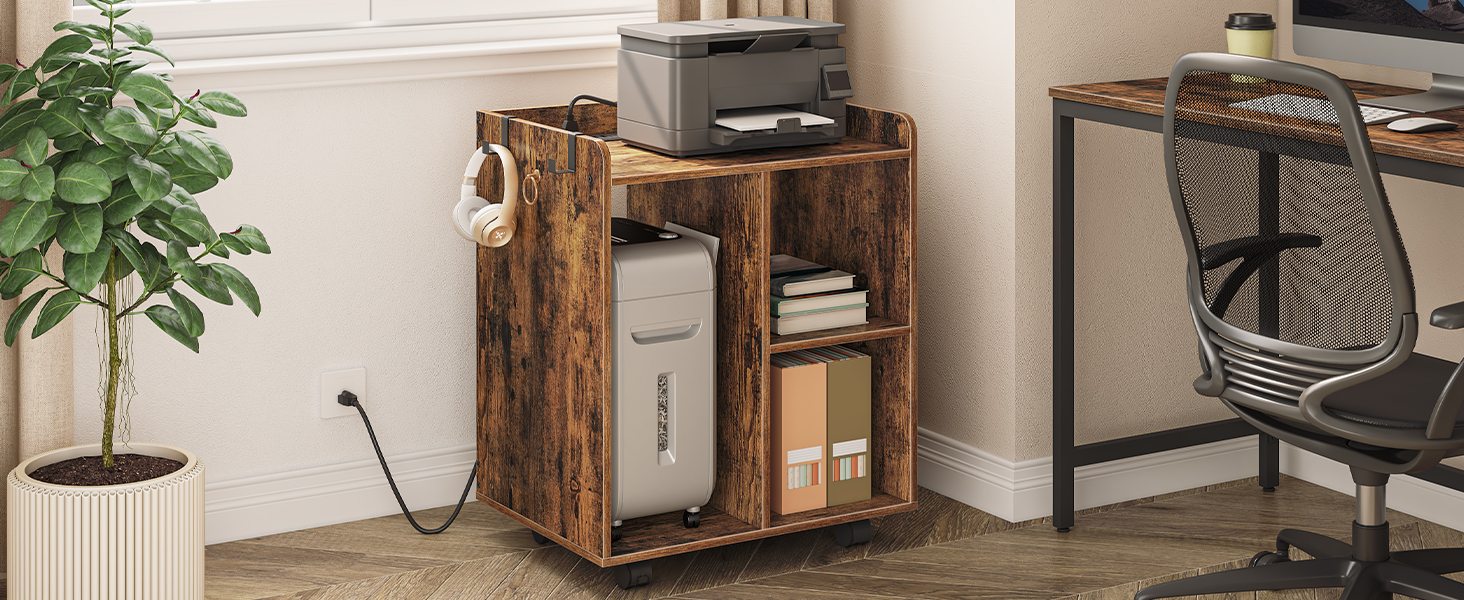 Kancelária bočného spisu skrinky s zásuvkou a nabíjacím portom USB, Moderná stojan na tlačiarni a počítačový hostiteľský stojan s otvorenými úložnými policiami, pre domácu kanceláriu