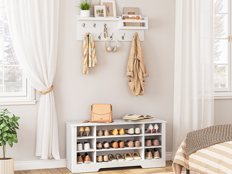 набір взуттєвої лавки для пальто, Накладка для дерева з залу з зберіганням взуття, 39.4 дюйми вхідної стелаж для входу з стійкою для пальто, Грязьова лавка з зберіганням та гачками, Регульовані полиці, білий