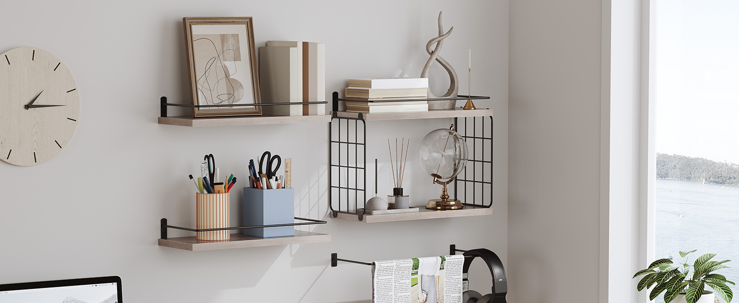 4+1 seilfeanna ar snámh sraitheanna, seilfeanna seomra folctha thar leithreas le ciseán stórála sreinge, seilf snámh ar snámh balla le haghaidh maisiúchán balla, seilf balla le haghaidh seomra suí seomra leapa cistin greige