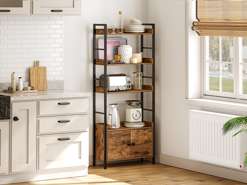 4-Βιβλιοθήκη με πόρτες, Βιομηχανική ξύλινη βιβλιοθήκη με αποθήκευση, ράφι αποθήκευσης με προστατευτικές ράγες, για σαλόνι, γραφείο στο σπίτι, ρουστίκ καφέ και μαύρο