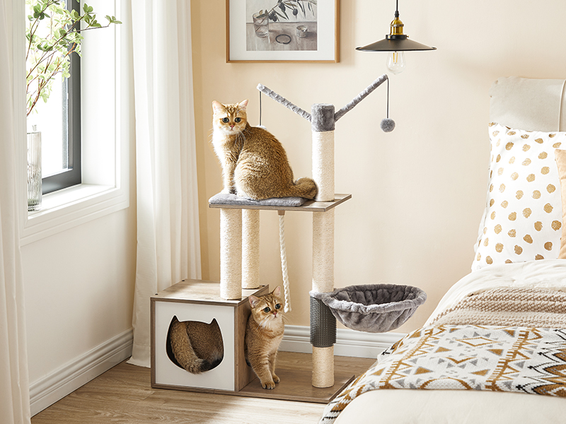 cat tree for indoor cats, wooden cat tower, modern cat condos for indoor cats, cat tree houses with cat scratching post and cat hammock, washable removable cushion, greige