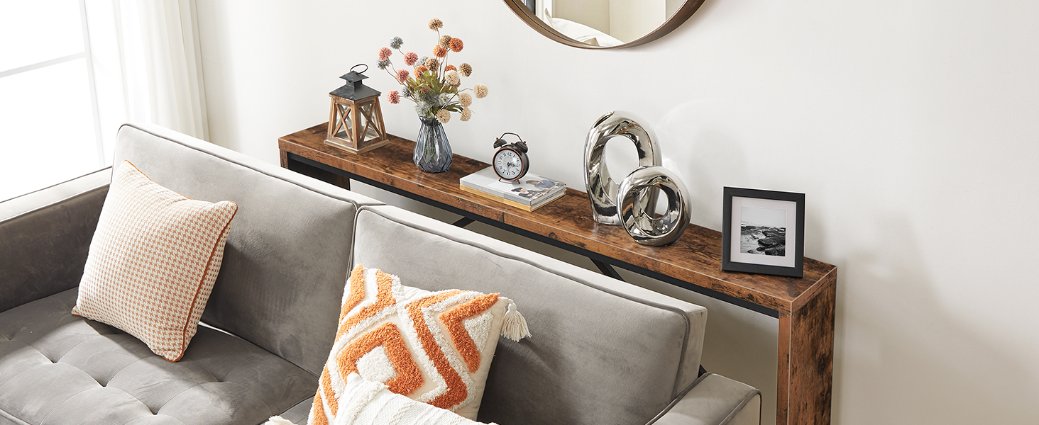 Konzolový stůl, 62.2" Dlouhá pohovka za gaučem, Úzký vstupní stůl, Na statku jídelní stůl s úhledným kovovým rámem, Tabulka průmyslové konzoly pro vchod, Rustikální hnědá