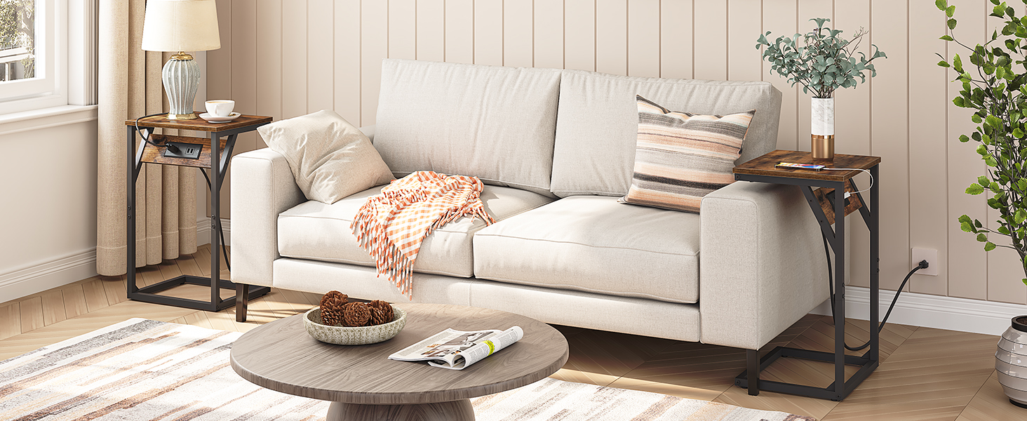 Sada 2 C Tvarová koncová tabulka s nabíjecí stanicí, Odkládací stolek pro pohovku s USB porty & Outlet, Průmyslový gaučový stůl s kovovým rámem pro studijní obývací pokoj ložnice, Rustikální hnědá