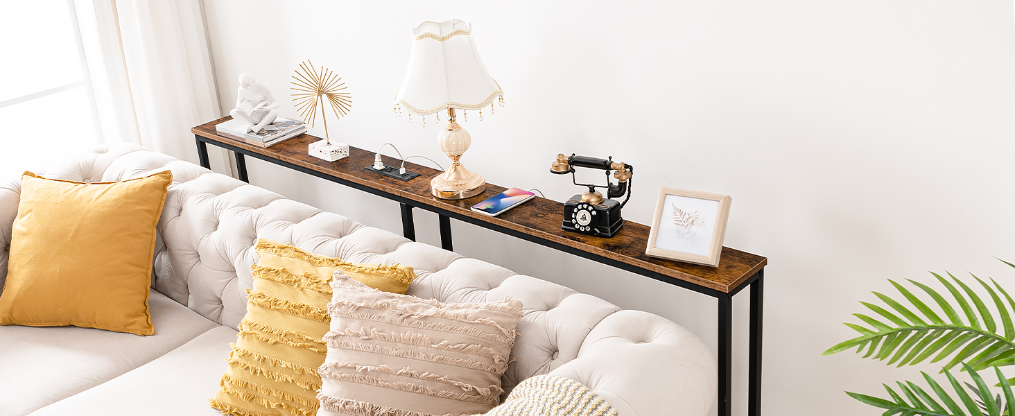 5.9" Bag sofabord tynd med opladningsstation, 63" smal konsolbord med stikkontakter, lang og tynd sofabord, Slim indgangsbord, Rustik brun