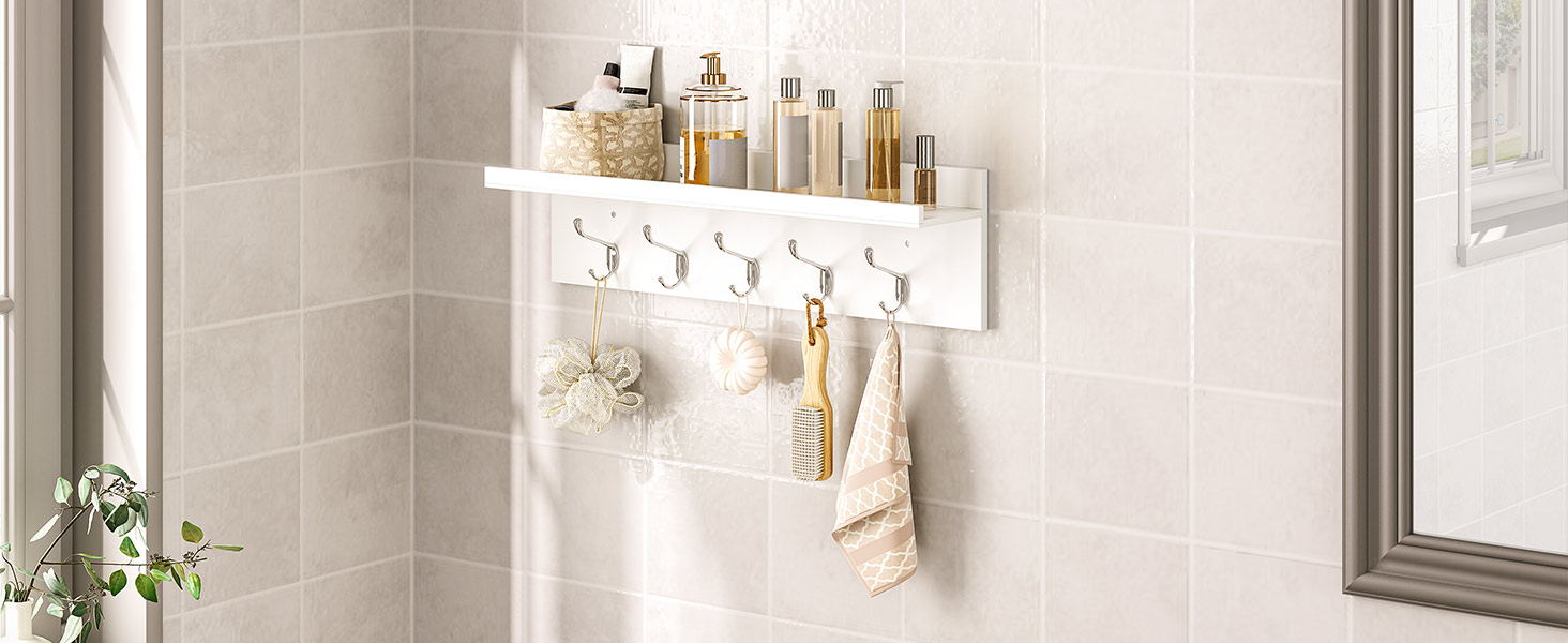 raca cóta balla le seilf, raca cóta halla le 5 crúcaí, seilf balla le fál, 70 x 15 x 20 cm, bambú, Chun halla, seomra codlata, seomra suí, leithreas, bán