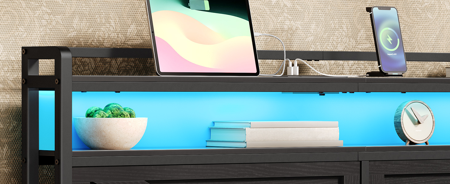 Queen Size Headboard, Headboard with Charging Station and LED Light Strip, 2-Tier Storage Headboard with Outlets and USB Ports, Industrial Style, for Queen Size Beds,