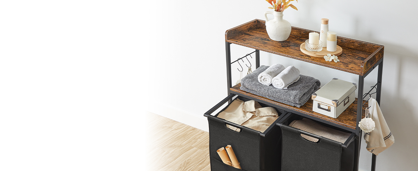 wasmand, wasmand met haken, wassator met 2 uittrekbare en verwijderbare tassen, 2 planken, badkamer, wasruimte, Rustiek bruin en zwart