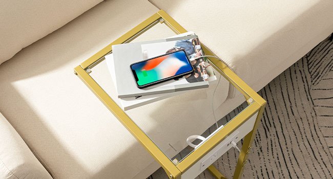 c shaped end table with charging station, tempered glass table couch table with metal frame, snack side table for small space, living room, bedroom, tv tray table, gold