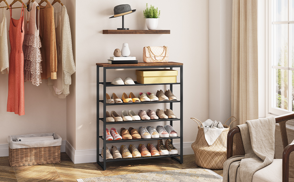 Полка для обуви, 6-Ярусный органайзер для обуви, для 18-24 Пар обуви, Полка для хранения обуви большой емкости, Прочный и стабильный, для прихожей, Шкаф, Коридор, Комната с несколькими кроватями, Промышленный, Рустик Браун