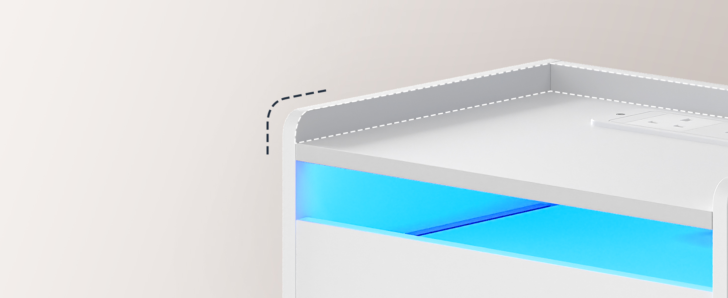 Valkoinen sängyn pöytä latausasemalla, Päätytaulukko, jossa on 20-värinen LED-valo, Yöpsät 1 Vaihtovirta, 2 USB-portit, 3 Makuuhuoneen laatikot, Olohuone, Opiskelu, Kotitoimisto