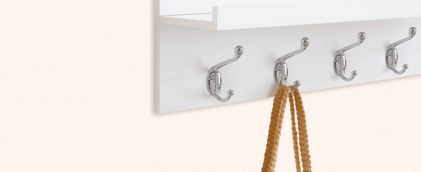 raca cóta balla le seilf, raca cóta halla le 5 crúcaí, seilf balla le fál, 70 x 15 x 20 cm, bambú, Chun halla, seomra codlata, seomra suí, leithreas, bán