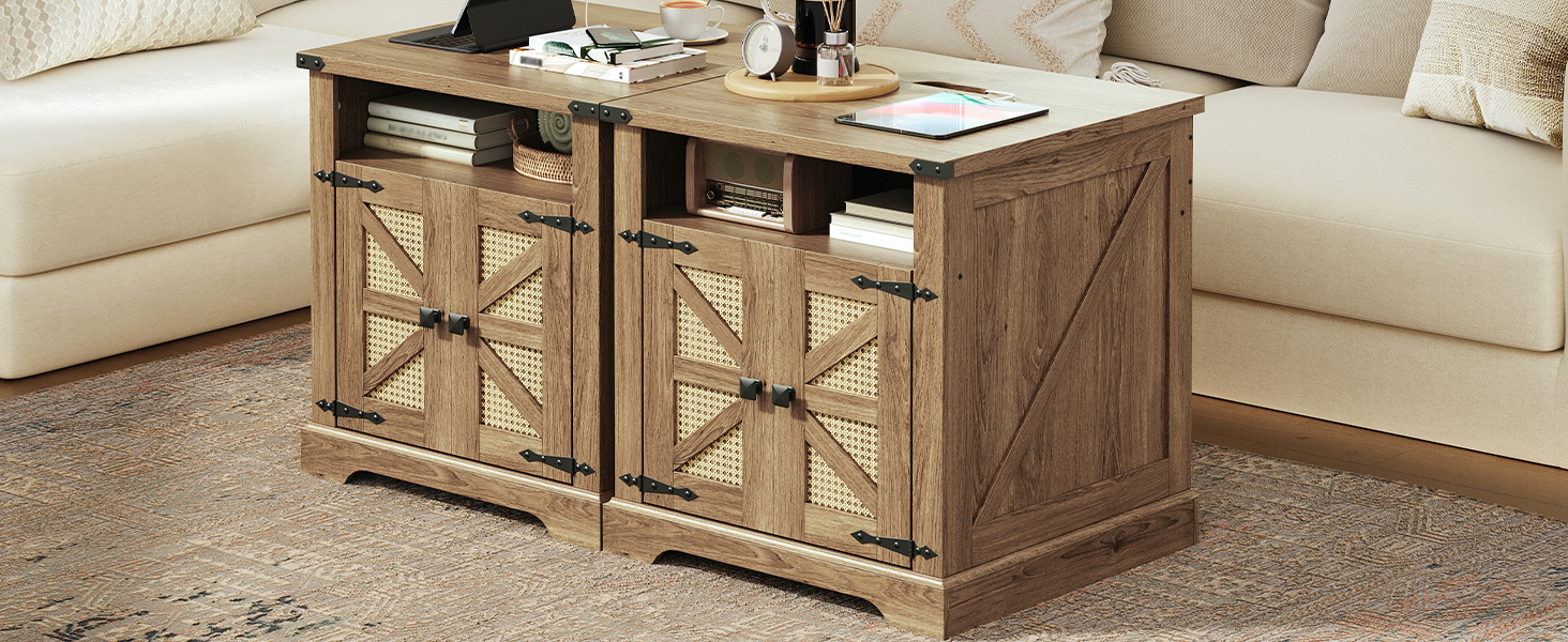 Parasztház végasztal töltőállomással, Flip Top nagy végtábla, 24" Nagy kanapé oldalsó asztal rattan pajta ajtóval, Négyzet alakú éjjeliszekrény nyitott tárolóval, a Nappalihoz, Barna barna