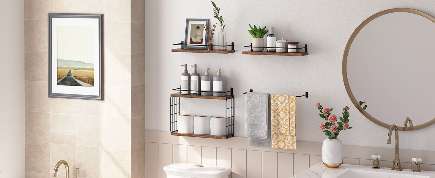 4+1 أرفف عائمة الطبقة, أرفف الحمام فوق المرحاض مع سلة تخزين الأسلاك, رف عائم مثبت على الحائط لديكور الجدار, رف الجدار لحمام غرفة المعيشة مطبخ ريفي بني