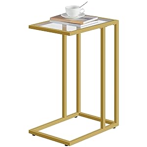C -formet endebord, herdet glass gull sidebord, under sofabord, Liten kaffesnacksbord for små mellomrom, Laptop End Table for Living Room, nattbord, metallramme, gull