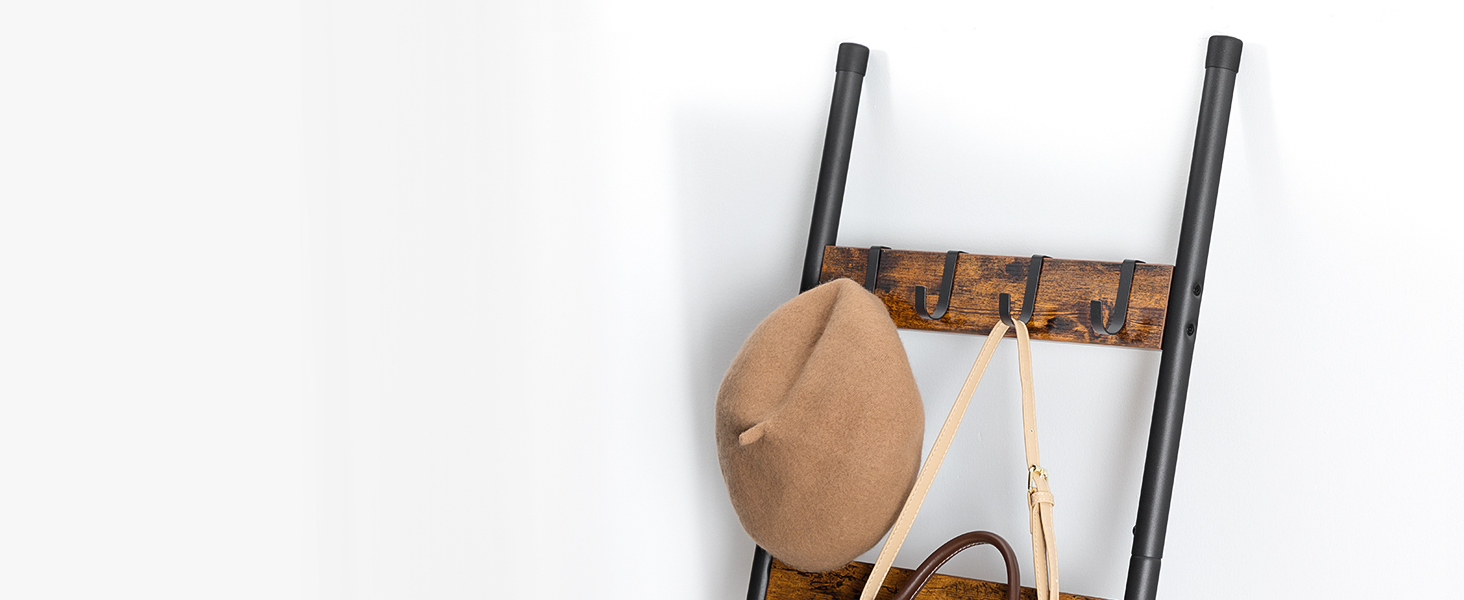 Scala coperta, 5-Portasciugamani da appoggio a più livelli con ganci, Porta coperte da parete, Mensola decorativa per scaletta espositiva, Sciarpe, Industriale, Soggiorno, Camera da letto, Rustico marrone e nero