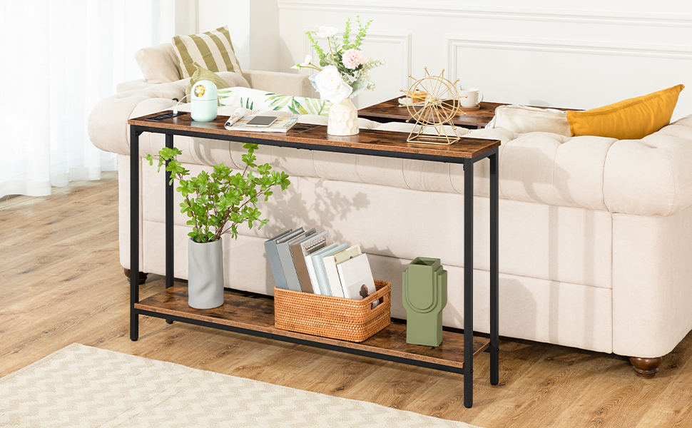 Konsolitaulukko sähköpoistoilla ja USB -portteilla, kapea sisäänkäynnin pöytä latausasemalla, sohvapöytä sohvan takana, sisäänkäynnille, käytävällä, eteinen, maalaismainen ruskea