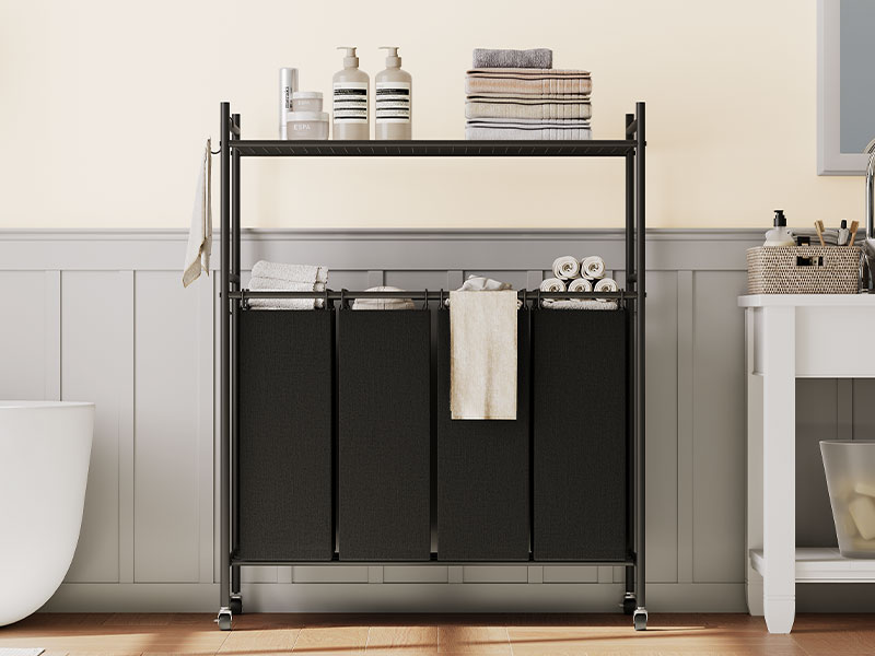 Třídič prádla 4 Sekce, Válcování prádelny s kolami, Košík na prádlo s policí s pletivou a odnímatelnými háčky ve tvaru písmene S, Pevný kovový rám, Organizace prádelny, Černý