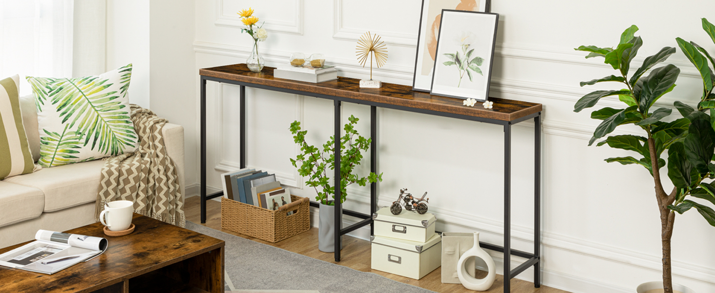 Mesa de sofá estrecha, 70.9" Mesa consola extralarga de entrada, detrás del sofá, Mesa de pasillo delgada para vestíbulo, Sala de estar, Dormitorio, Marrón rústico y negro