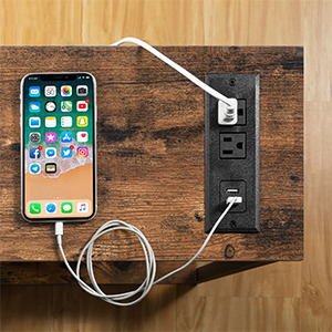 Konsolitaulukko sähköpoistoilla ja USB -portteilla, kapea sisäänkäynnin pöytä latausasemalla, sohvapöytä sohvan takana, sisäänkäynnille, käytävällä, eteinen, maalaismainen ruskea