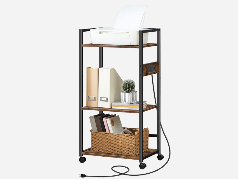 Şarj istasyonu ile bilgisayar kulesi ve yazıcı standı, 3 Ayarlanabilir depolama raflı büyük yüksek uzun yazıcı tablosu, PC Standı, Ev Ofisi için Shredder Rafı, rustik kahverengi