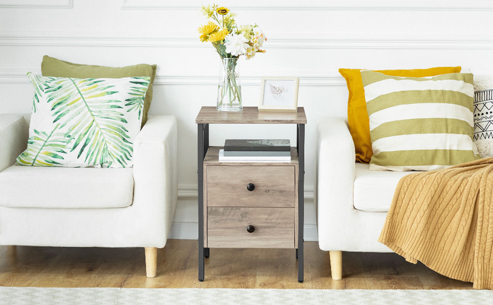 Mesa final, Side Table, Mesita de noche con 2 Cajones y estantes de almaceMesa auxiliar End Table, Mesa de sofá para sala de estar, Muebles decorativos, Ensamblaje fácil, Gris y negro