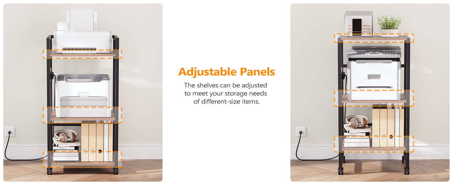 Şarj istasyonu ile bilgisayar kulesi ve yazıcı standı, 3 Ayarlanabilir depolama raflı büyük yüksek uzun yazıcı tablosu, PC Standı, Ev Ofisi için Shredder Rafı, rustik kahverengi