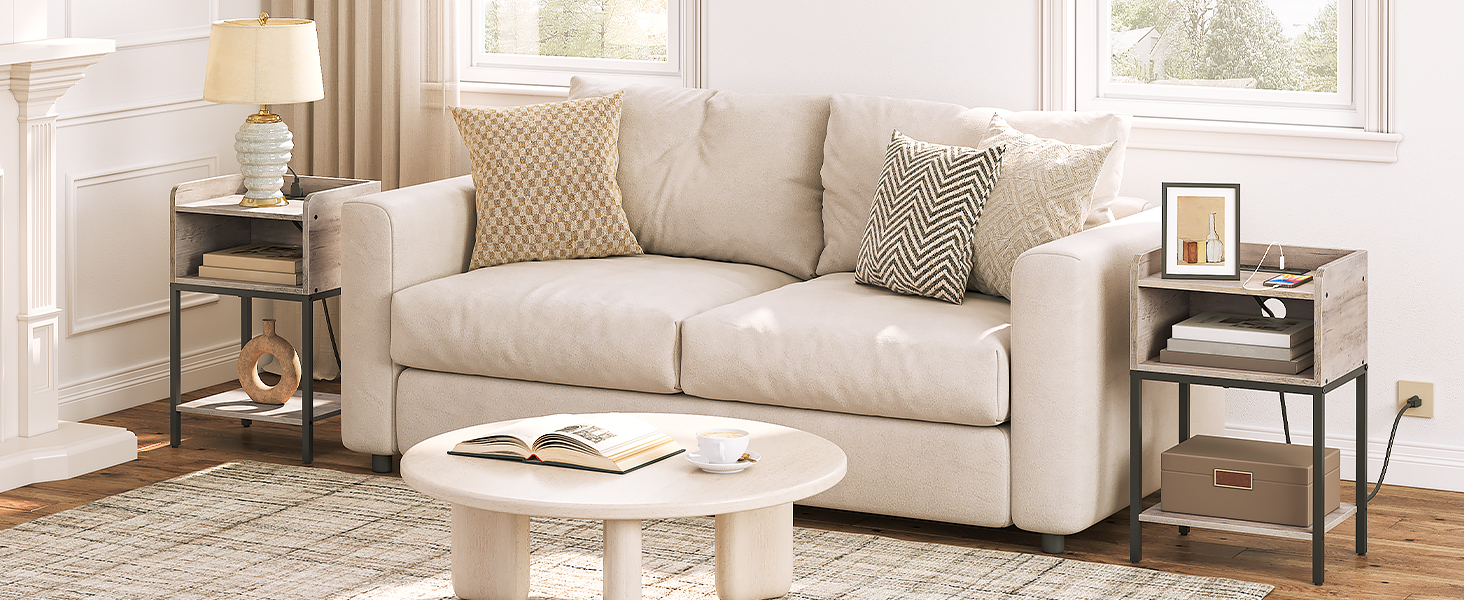 nightstand with charging station, end table with open drawer, side table with usb ports and outlets, for small spaces, bedroom, grey