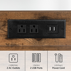 3-Стенд мобільного принтера рівня, кочення кошику з розетками та портами USB, КАРТА ПРОМИСЛОВИЙ ПРИНТЕР, домашня утиліта для зберігання з 2 гачки, для офісу, вітальня, сільський коричневий