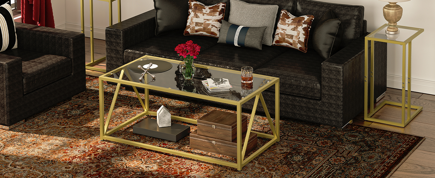 Couchtisch aus Glas, Goldene Couchtische für das Wohnzimmer, 1 Layer-Center-Tisch, Öffnen Sie das Lagerregal, Modern, für Wohnung, Büro, 39.4 x 19.7 X 17.7 Zoll, Einfache Montage, Golden