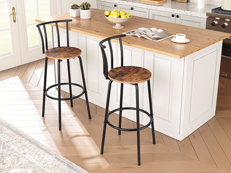 barové stoličky s chrbtom, súbor 2 stoličky na jedáleň, 27.8 palcové stoličky s výškou pultu, Raňajky barové stoličky, pevné a stabilné, ľahká montáž, rustikálny hnedý a čierny