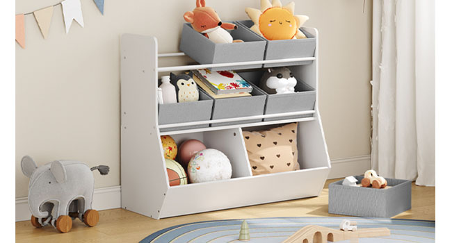Organizador de juguetes, Estantería infantil con 6 Contenedores de almacenamiento extraíbles, Organizador de almacenamiento para niños, para el dormitorio infantil, Sala de estudio, Dormitorio, Guardería, Estilo simple, Blanco y gris