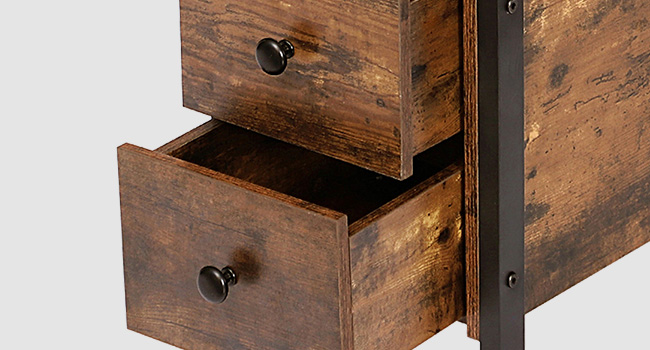 Boční stůl postele, Úzký židle se zásuvkou a otevřenou úložnou policí, Noční stojan pro malé prostory, stabilní a robustní konstrukce, Dřevěný vzhled přízvuku nábytek, Rustikální hnědá a černá