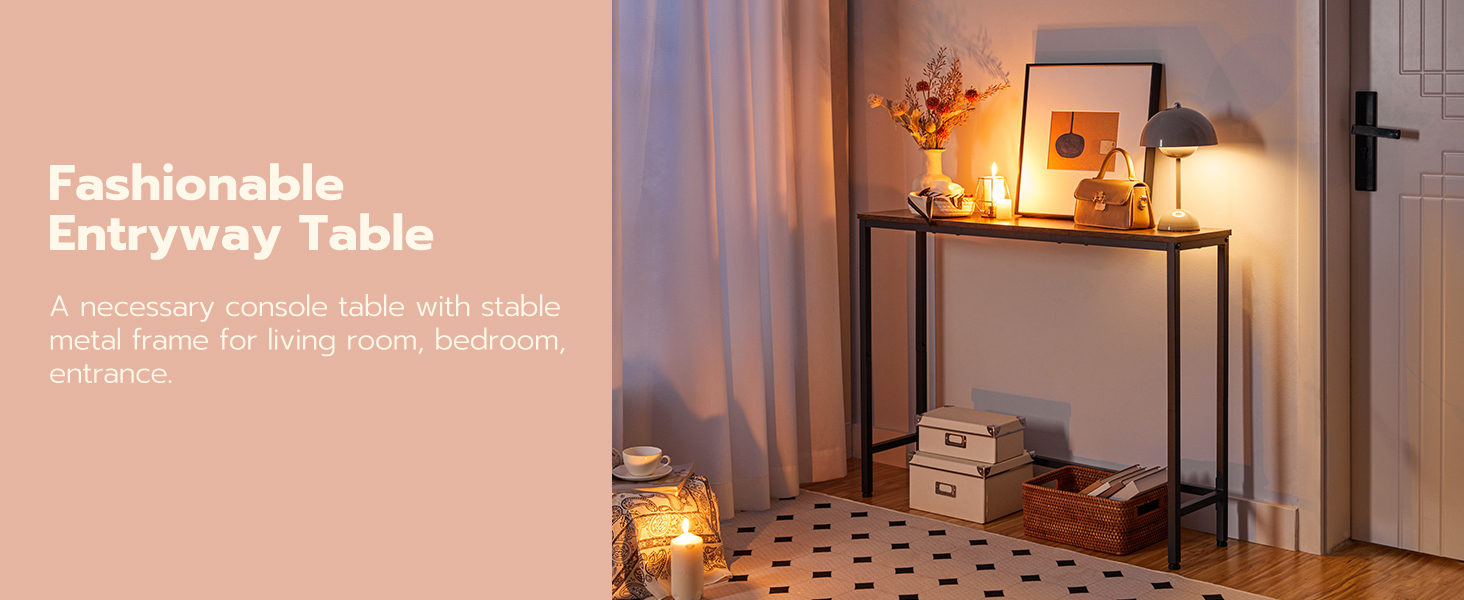 Konsolentabelle mit Stromversorgungsstellen, Schlanker Konsolentisch mit Ladestation, Flurtisch, Schmaler Sofa -Tisch für kleine Räume, Flur, Eingang, Wohnzimmer, rustikalbraun und schwarz