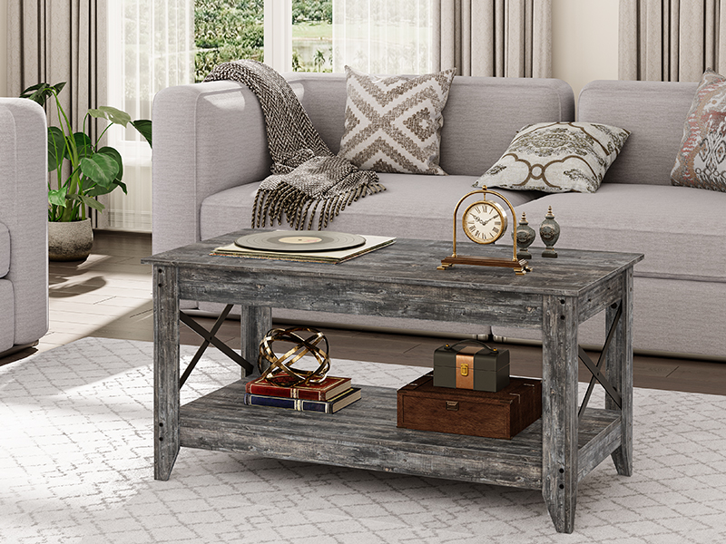 tavolino, tavolino da cattedra per soggiorno, 2-Tavolo centrale di livello con scaffale, X Design Side Frame, tavolo da cocktail accento per appartamento, sala reception, grigio vintage