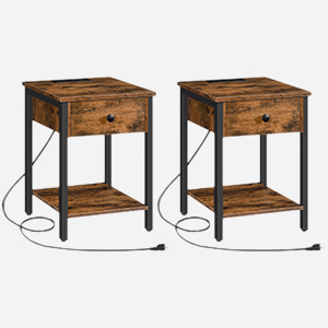 sraith de 2 Táblaí deiridh le stáisiún muirir agus calafoirt USB, Seastán oíche le tarraiceán agus seilf stórála, Tábla cois leapa do spásanna beaga, seomra codlata, Rustic donn agus dubh