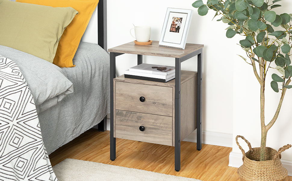 Mesa final, Side Table, Mesita de noche con 2 Cajones y estantes de almaceMesa auxiliar End Table, Mesa de sofá para sala de estar, Muebles decorativos, Ensamblaje fácil, Gris y negro