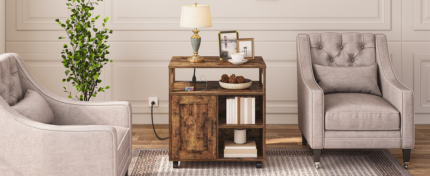 soporte de impresora con estación de carga, gabinete de almacenamiento de madera enrollable sobre ruedas, 3 mesa de carrito de impresora de nivel para la oficina en casa marrón rústico