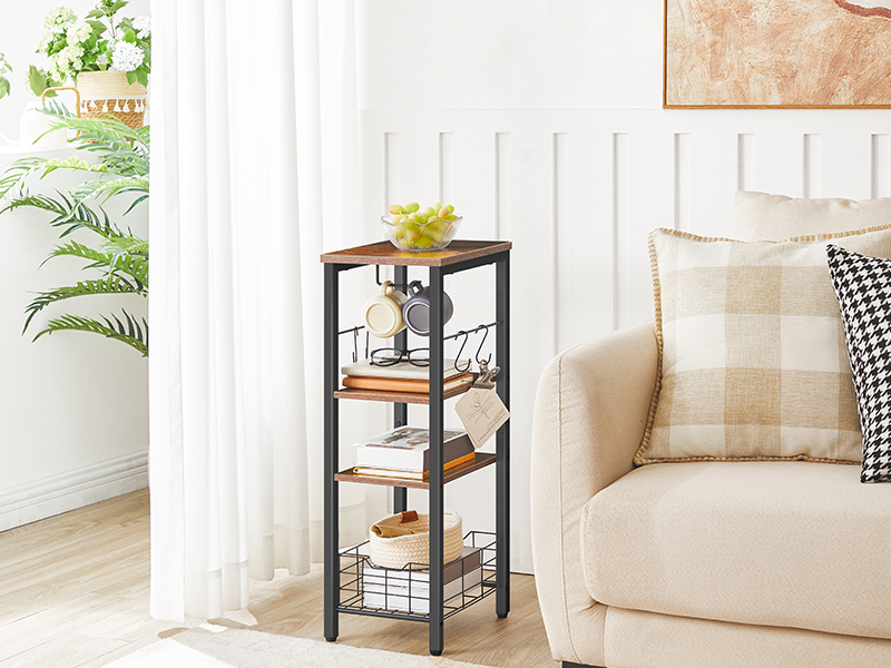 porta carta igienica, 4-organizzatore di stoccaggio del bagno di livello, Scaffi di stoccaggio sottile con ganci S e, rack di stoccaggio stretto con cestino a rete, Piccola carta igienica, rustico marrone e nero