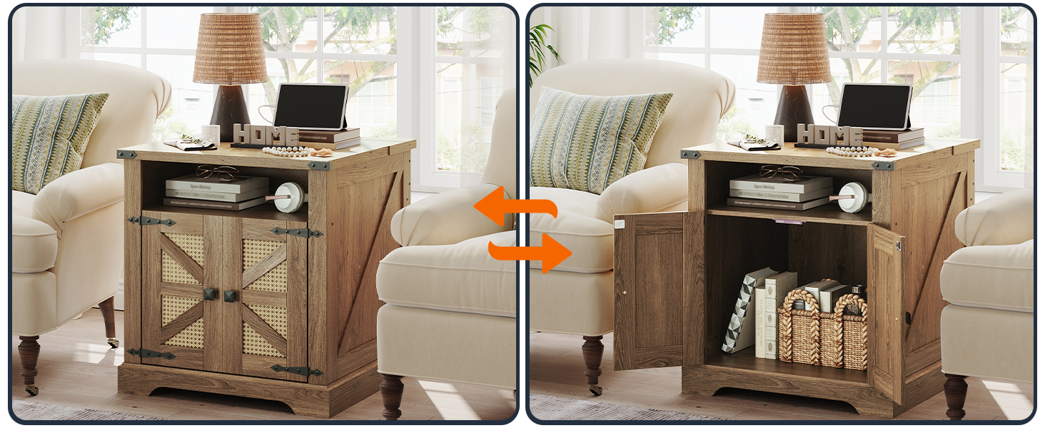 Parasztház végasztal töltőállomással, Flip Top nagy végtábla, 24" Nagy kanapé oldalsó asztal rattan pajta ajtóval, Négyzet alakú éjjeliszekrény nyitott tárolóval, a Nappalihoz, Barna barna