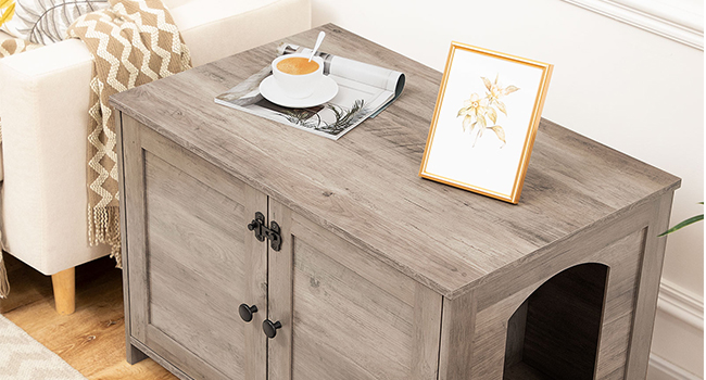 Ohrada na odpadkový box, Nábytok z krabice s mačkou s odnímateľným deliteľom, Veľký skrytý nábytok na podstielku, Drevená mačka, Koncový stôl, grécky