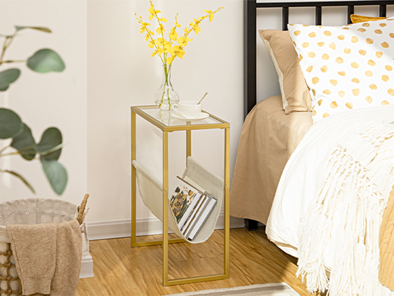 Tábla cúng, tábla deiridh gloine tempered le sling iris fabraice, Tábla Accent Caife Beag, Tábla cois leapa do spás beag, seomra codlata, seomra suí, stíl nua -aimseartha, óir