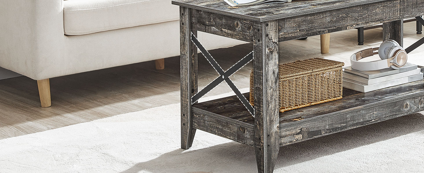 tavolino, tavolino da cattedra per soggiorno, 2-Tavolo centrale di livello con scaffale, X Design Side Frame, tavolo da cocktail accento per appartamento, sala reception, grigio vintage