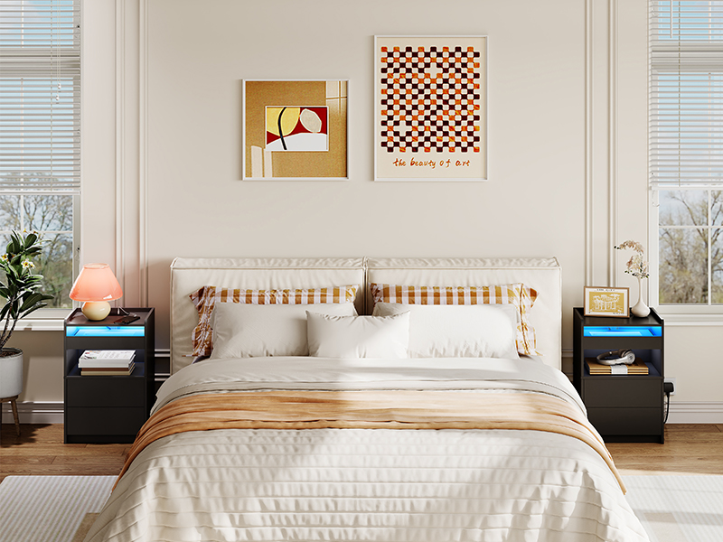 Black Bedside Table with Charging Station, End Table with 20-Color LED Lights, Nightstand with 1 AC Outlet, 2 USB Ports, 3 Drawers for Bedroom, Living Room, Study, Home Office