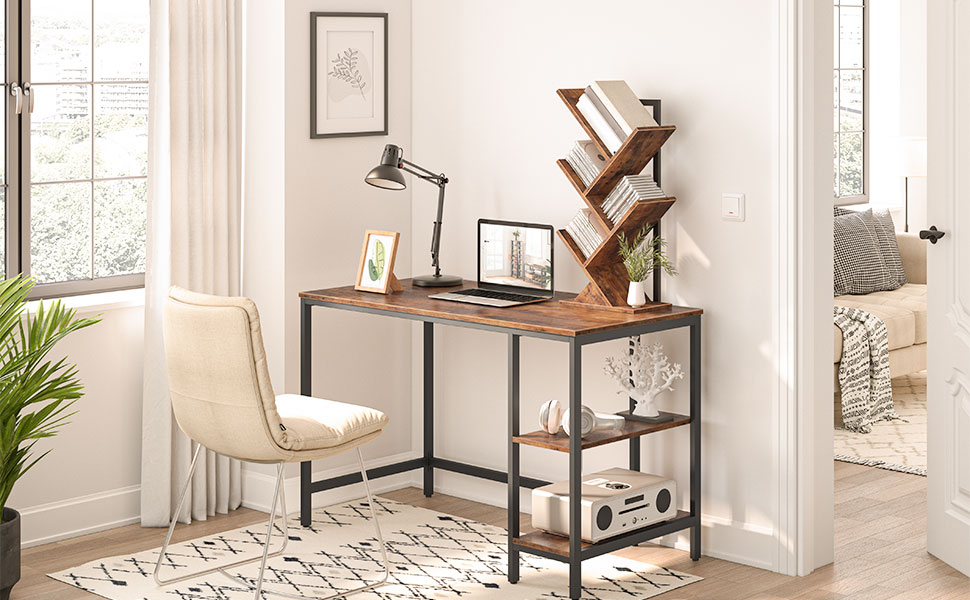 Tree Bookshelf, 5-Tier Bookcase Wooden Shelves, Floor Standing Storage Rack, for Display of CDs, Books in Living Room, Home Office, Wood Storage Rack for Bedroom, Rustic Brown