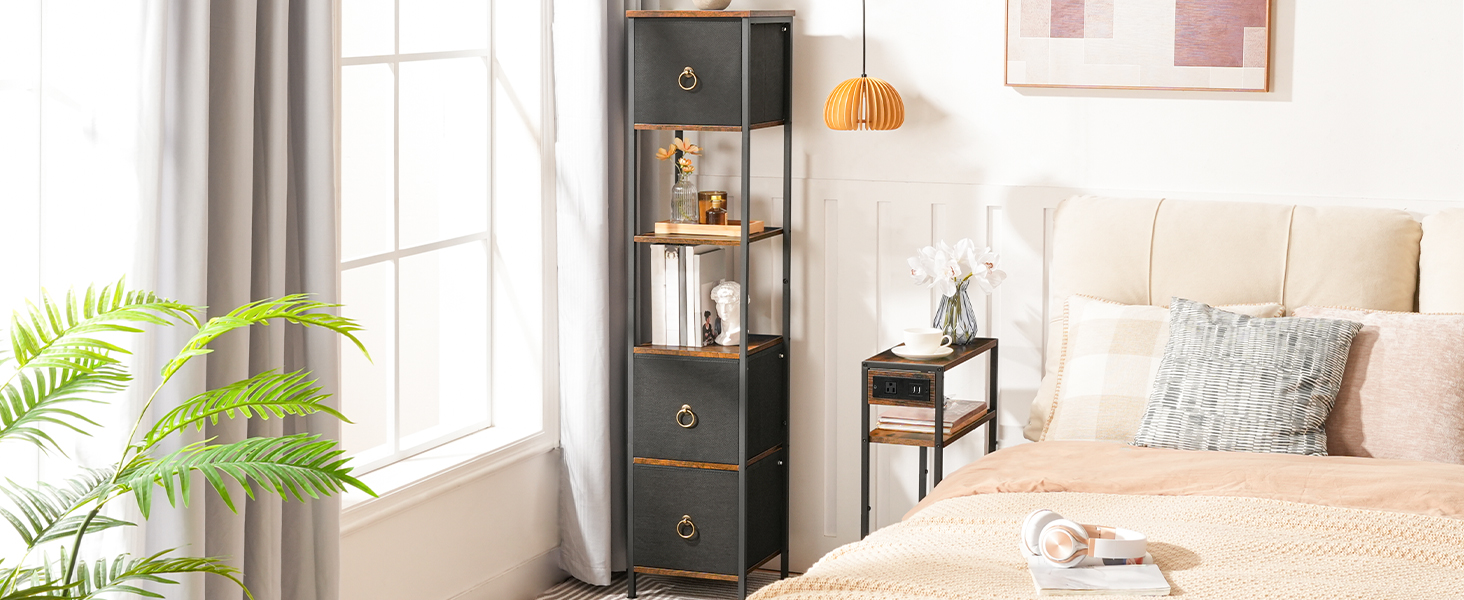 خزانة الزاوية, 6-طبقة رف زاوية مع 3 أدراج, خزانة أرضية الحمام, خزانة تخزين ضيقة, للحمام, غرفة المعيشة, بني ريفي أسود