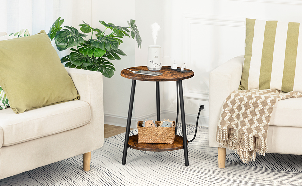 Rundt slutbord med opladningsstation, 2-Niveau lille sidebord, Circle Accent Table til stue, Soveværelse, Rustik brun