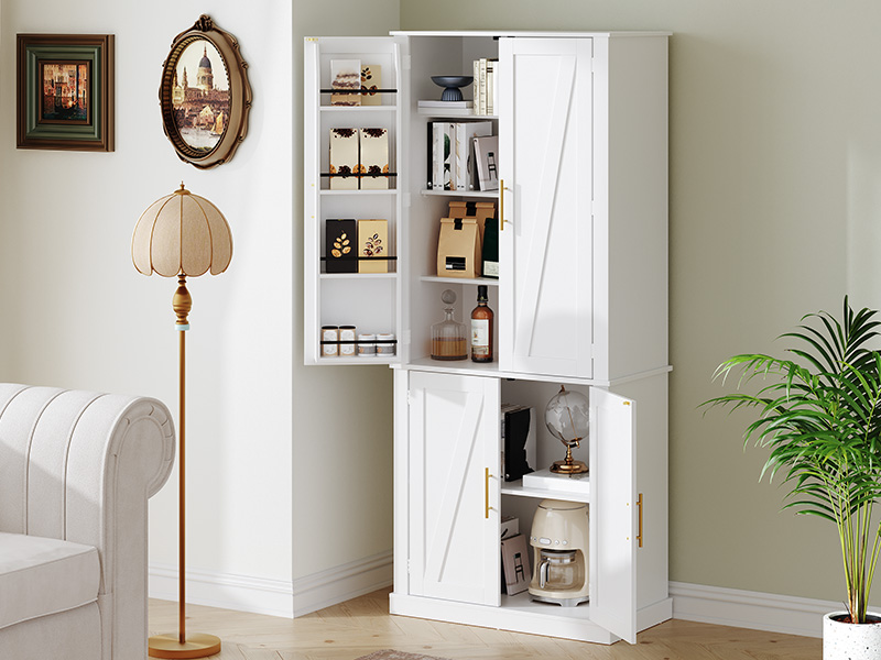 Comh -aireachta stórála pantraí cistine, 70" cófra ard, le doirse sciobóil agus seilfeanna inchoigeartaithe, 6 seilfeanna crochta don seomra bia, seomra suí, bán