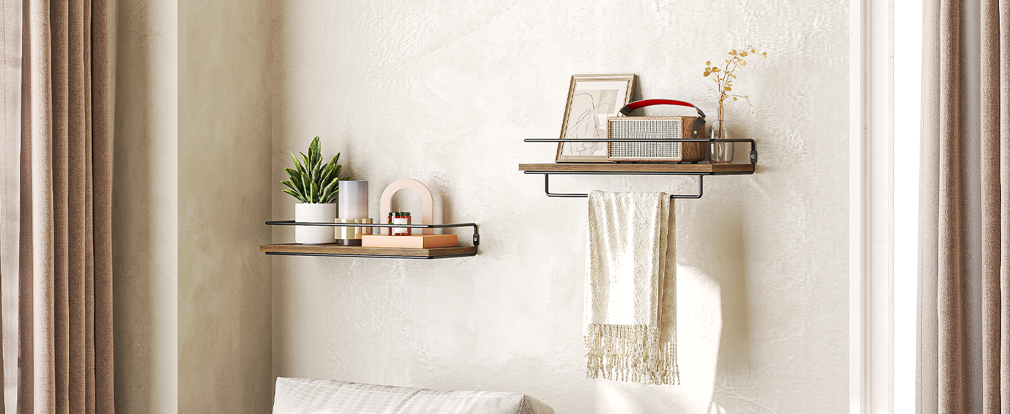 étagères flottantes, étagères murales ensemble de 2, étagères de rangement avec enceinte, étagères décoratives avec canne suspendue, pour le salon, cuisine, salle de bain, brun rustique et noir